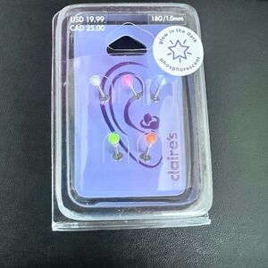 NEW Claire’s 18g Stud Ear Cartilage Helix Tragus Conch Glow In Dark Body Jewelry